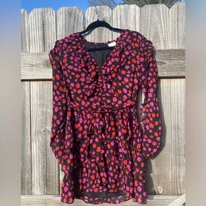 Dee Elly Floral Ruffle Dress - Black, red, and Pink